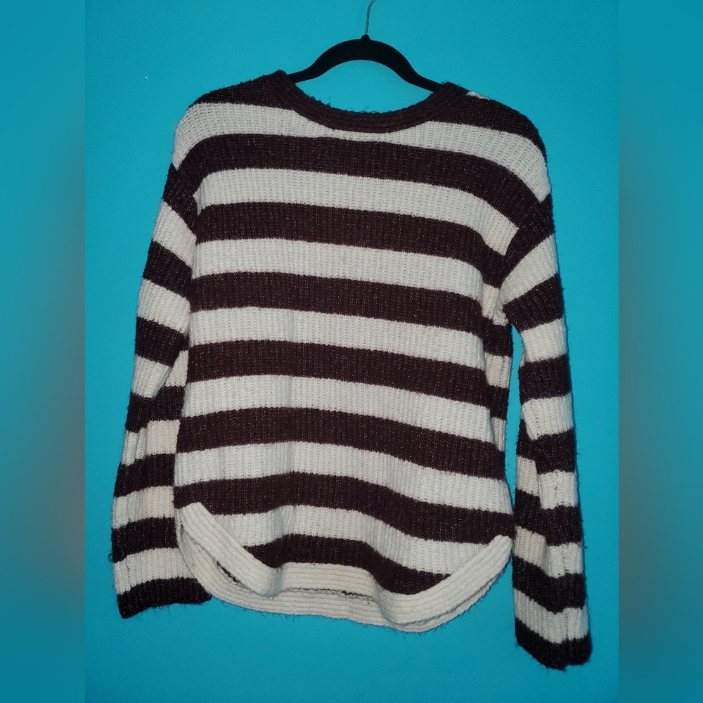Large Maroon and Off-White Striped Love Tree Sweater
